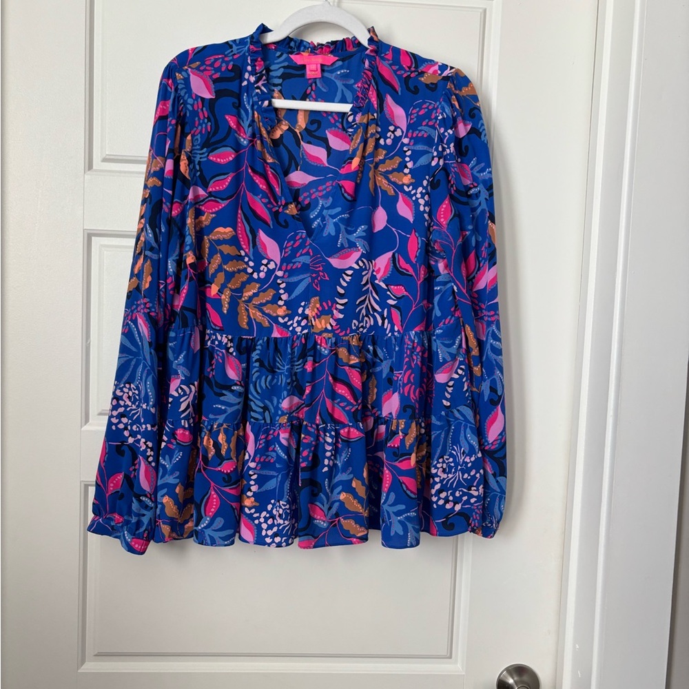 Lilly Pulitzer Sarita 100% Silk Top Women's Size 14 Absolute Purrfection Blue